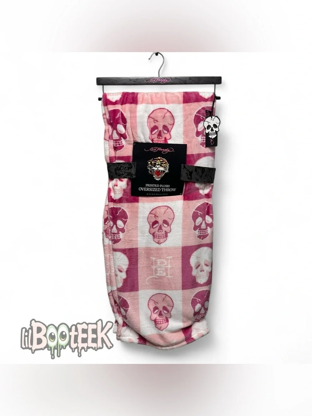 Ed Hardy Pink White Skull Checker Board Oversized Plush Throw NWT RARE Y2K